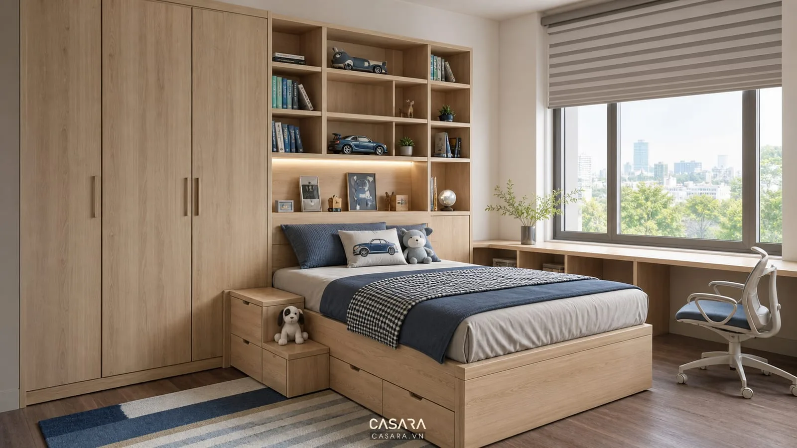 Giường thông minh cho bé trai liền tủ quần áo và kệ sách