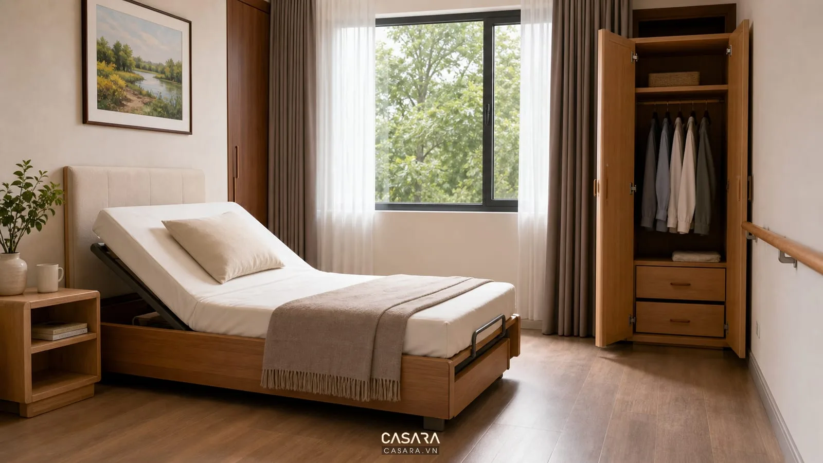 giường thông minh cho người già trong phòng ngủ nhỏ có lối đi cạnh giường và tủ áo gọn