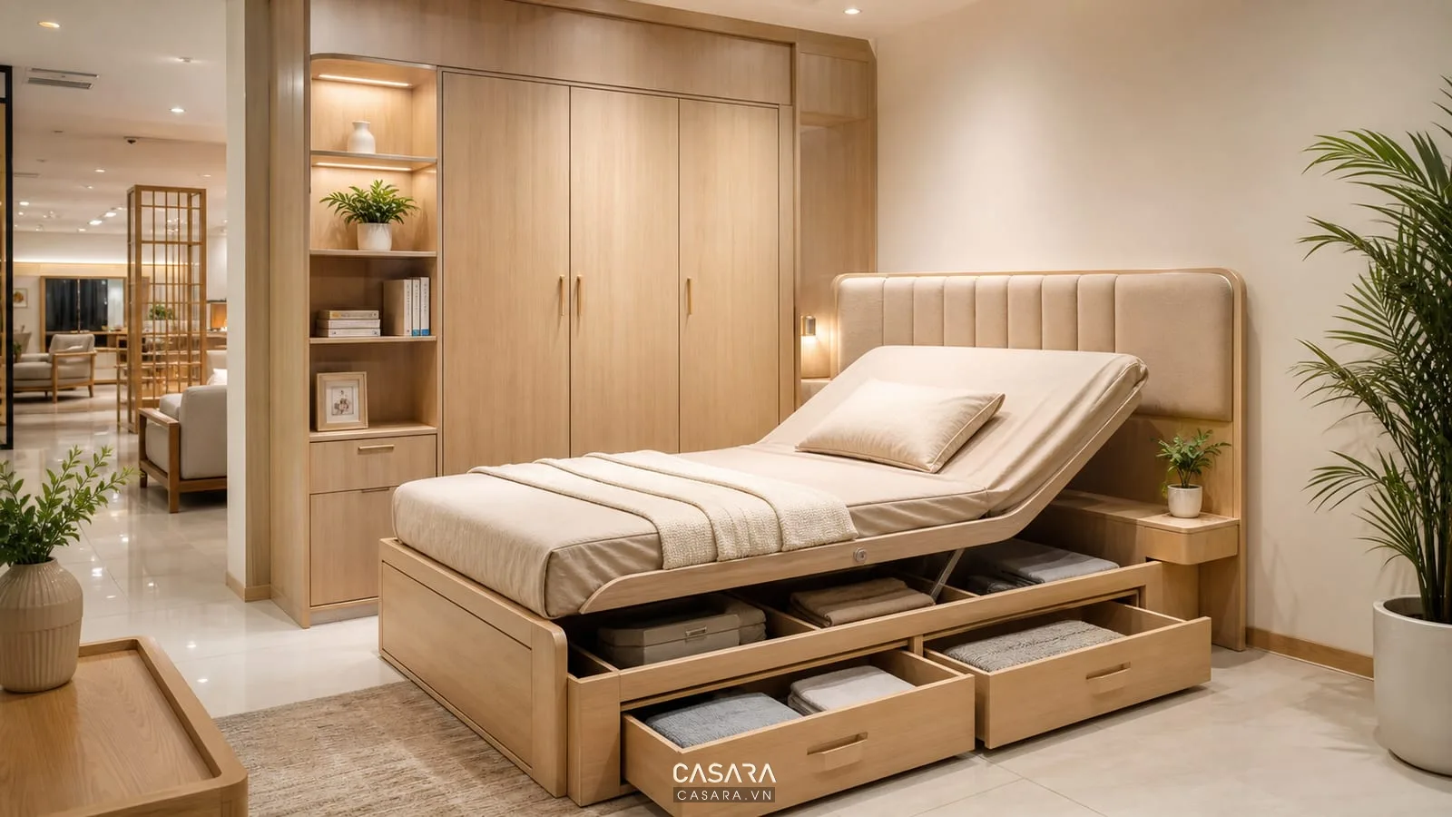 tủ liền giường thông minh cho người già có khoang chứa dưới nệm và ngăn kéo thấp