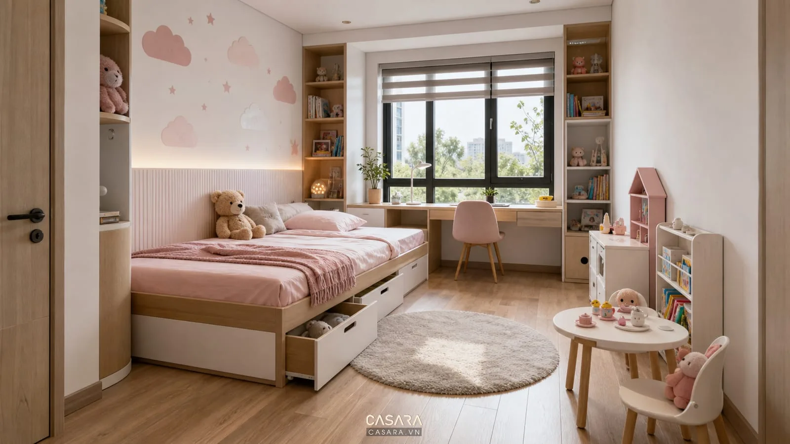 Giường thông minh cho bé gái màu trắng gỗ sáng với ngăn kéo thấp và kệ sách vừa tầm