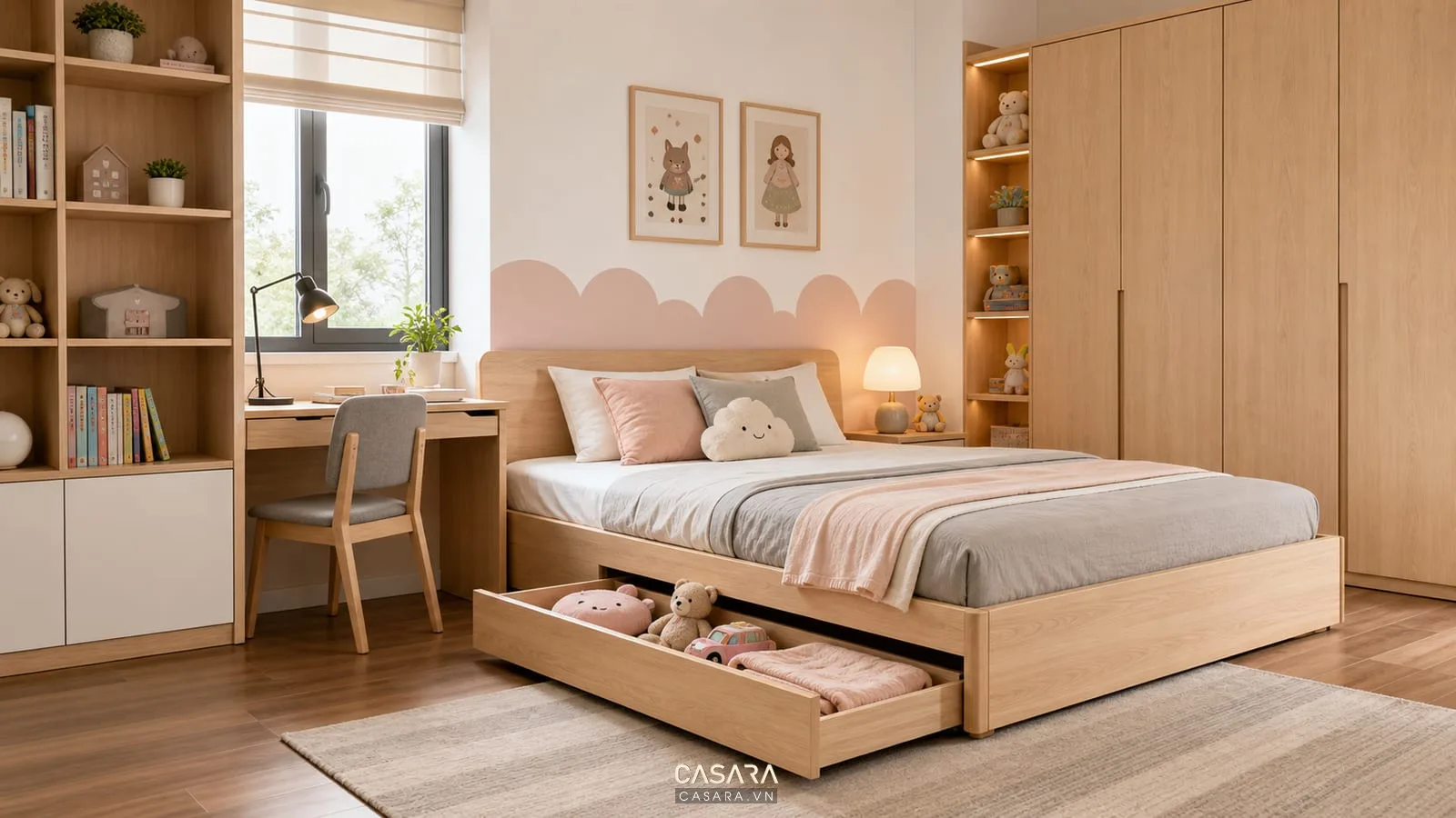 giường thông minh ngăn kéo trong phòng trẻ em có ngăn kéo thấp chứa đồ chơi chăn mỏng bàn học kệ sách và tủ áo màu gỗ sáng
