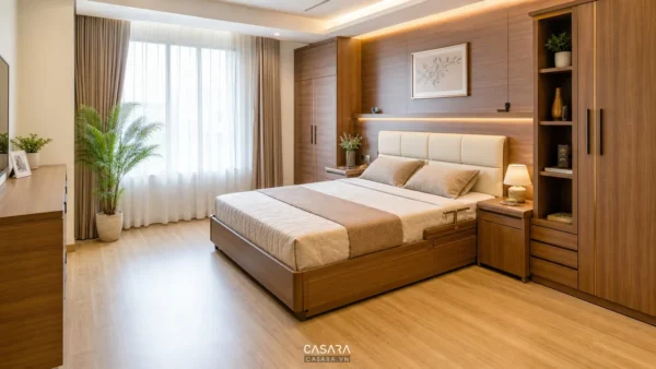 Giường thông minh dành cho người già trong phòng ngủ ấm sáng với lối đi rộng