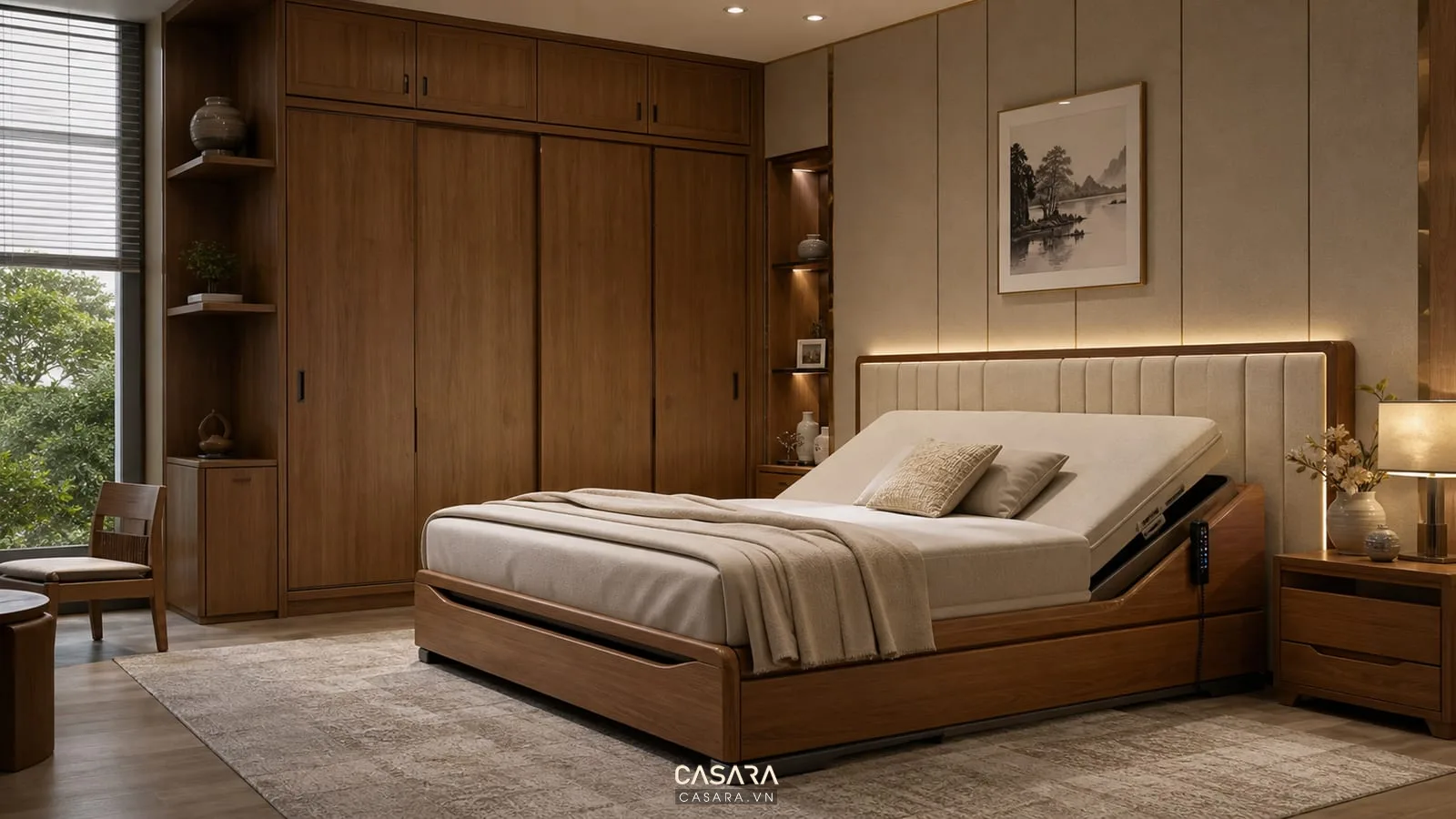 Mẫu giường thông minh đẹp màu gỗ ấm cho phòng ngủ người già