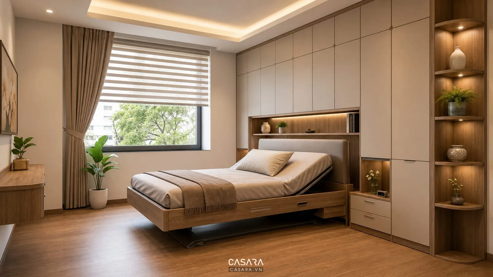 Giường thông minh kết hợp tủ quần áo cho phòng ngủ người già có lối đi thoáng