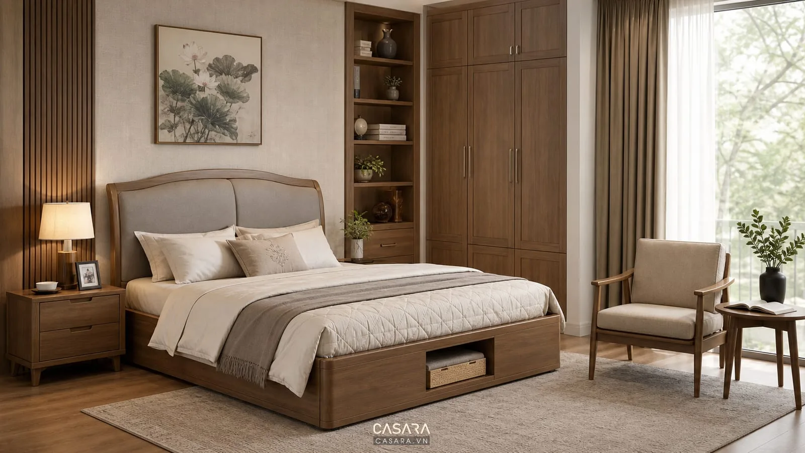 Phòng ngủ có giường thông minh dành cho người già, tab đầu giường và ghế đọc sách