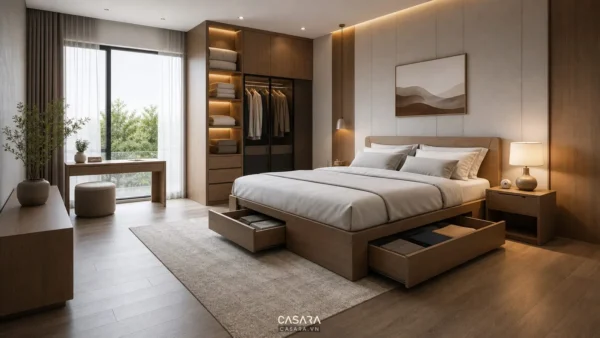 Giường thông minh trong phòng ngủ hiện đại có hộc kéo và lối đi thoáng