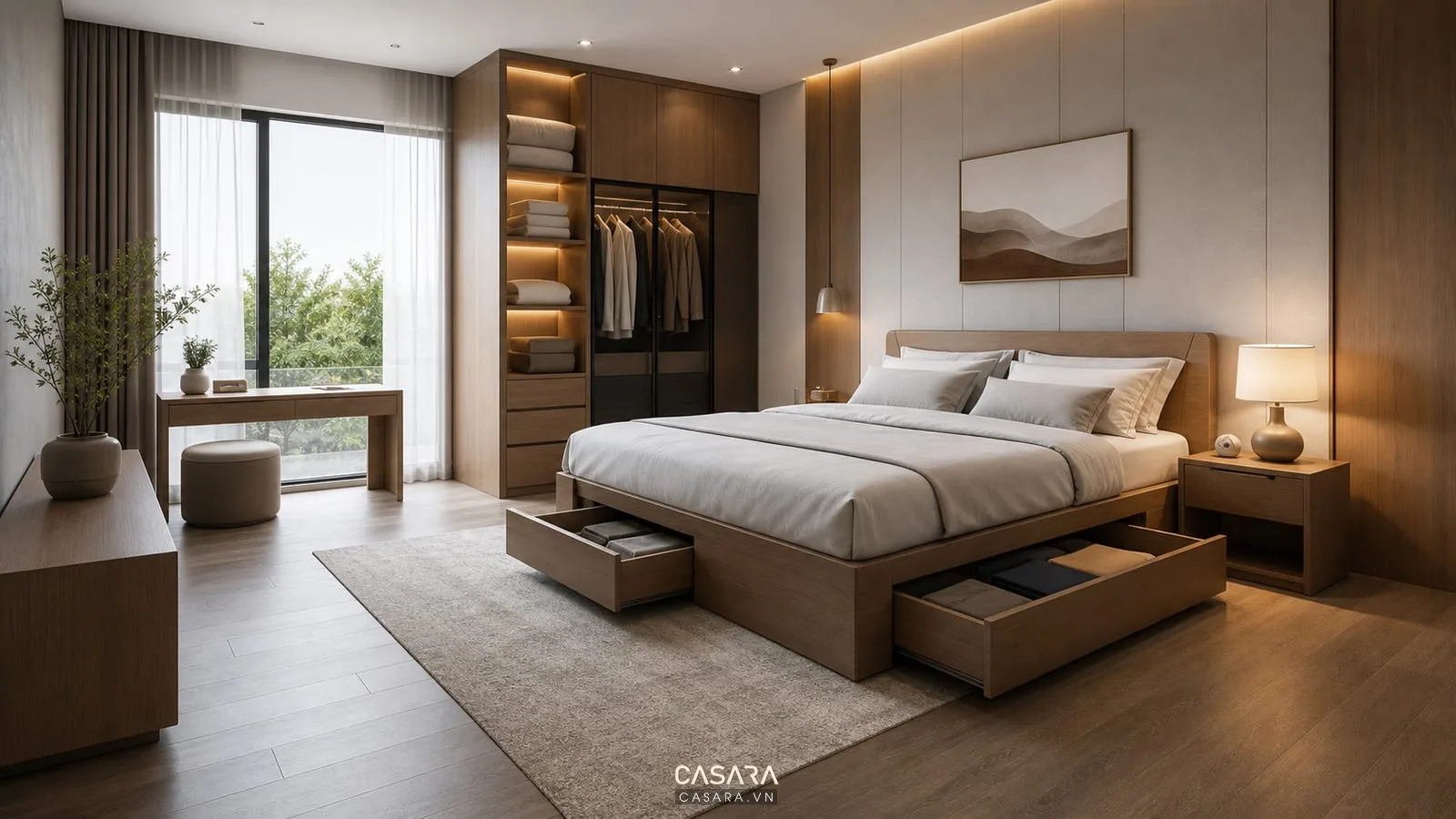 Giường thông minh trong phòng ngủ hiện đại có hộc kéo và lối đi thoáng