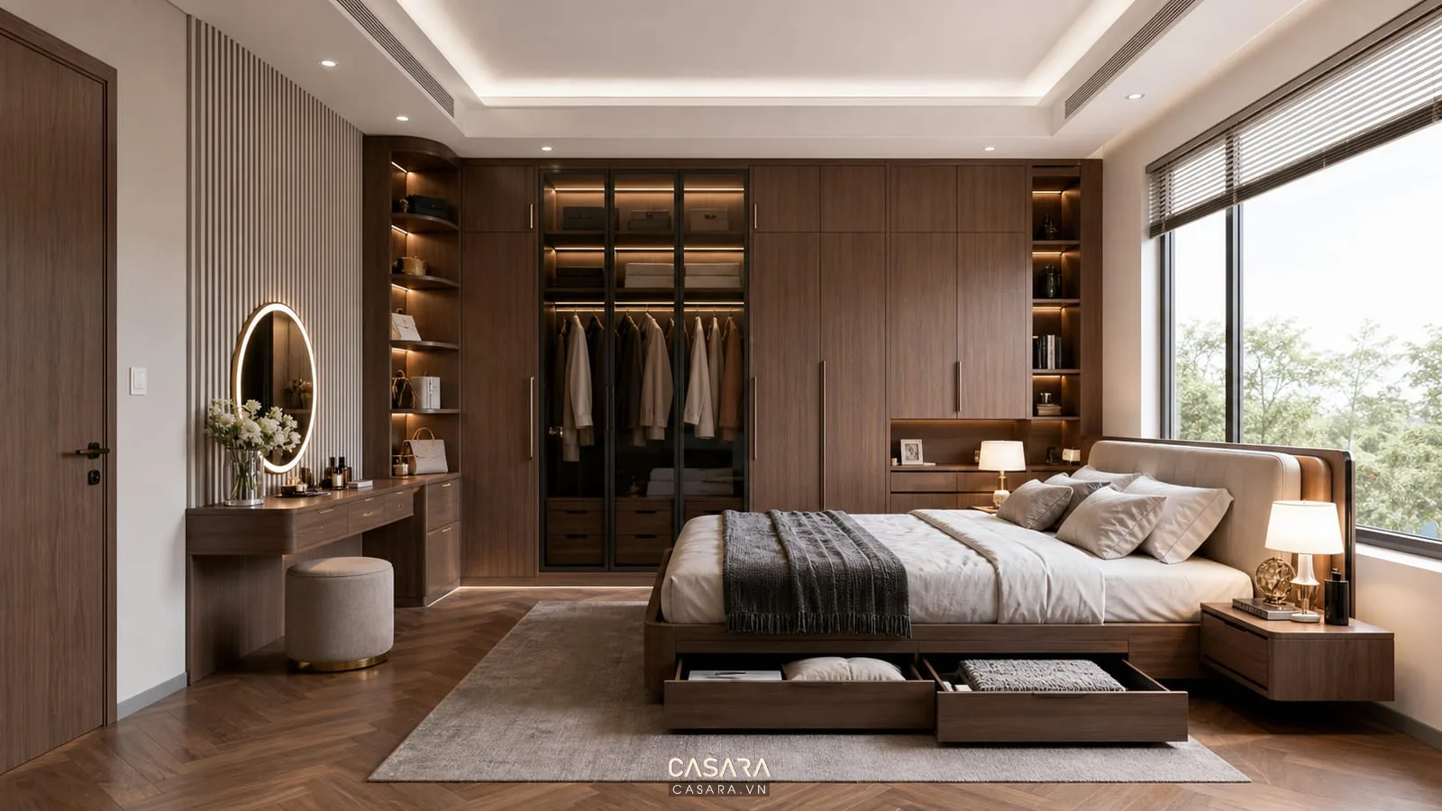 Giường thông minh kết hợp tủ áo và bàn trang điểm trong phòng ngủ cao cấp