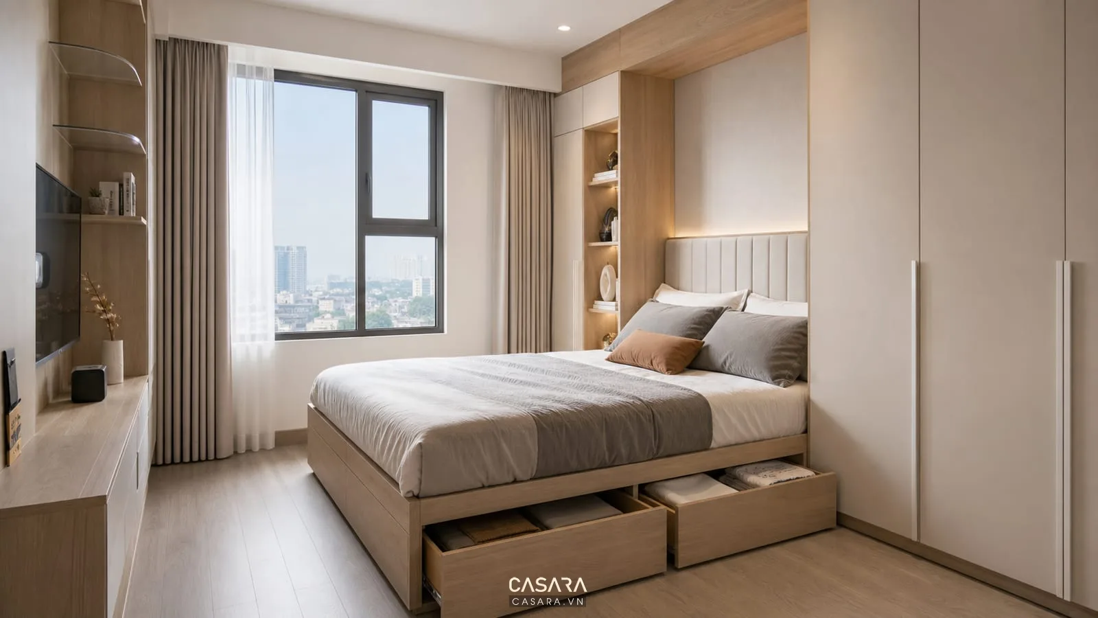 Giường thông minh trong phòng ngủ căn hộ TPHCM nhỏ gọn và nhiều lưu trữ
