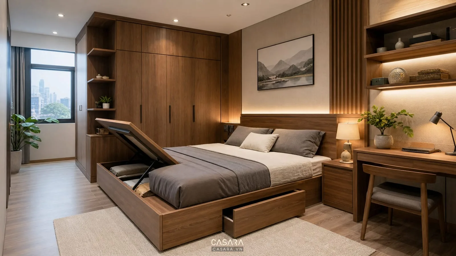Giường thông minh trong phòng ngủ nhỏ có tủ âm tường và bàn làm việc