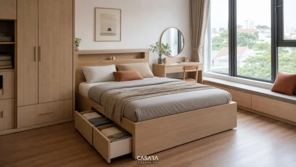 giường thông minh giá rẻ trong phòng ngủ nhỏ có hộc kéo dưới gầm và tủ áo sát tường