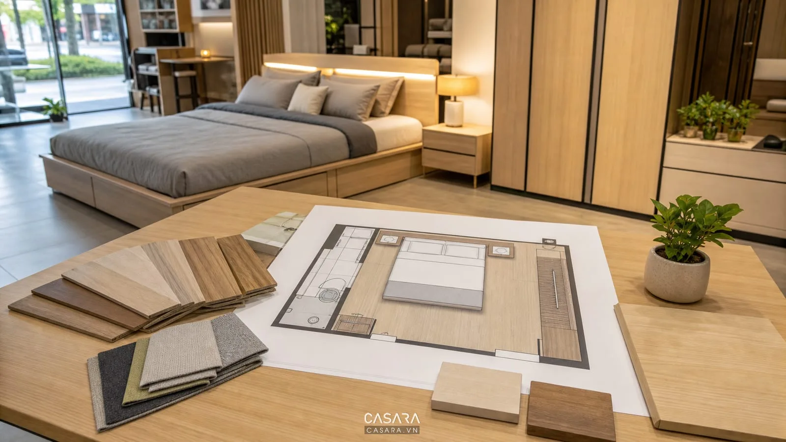 bản vẽ thiết kế giường thông minh giá rẻ phối cùng tủ áo và mẫu vật liệu gỗ sáng
