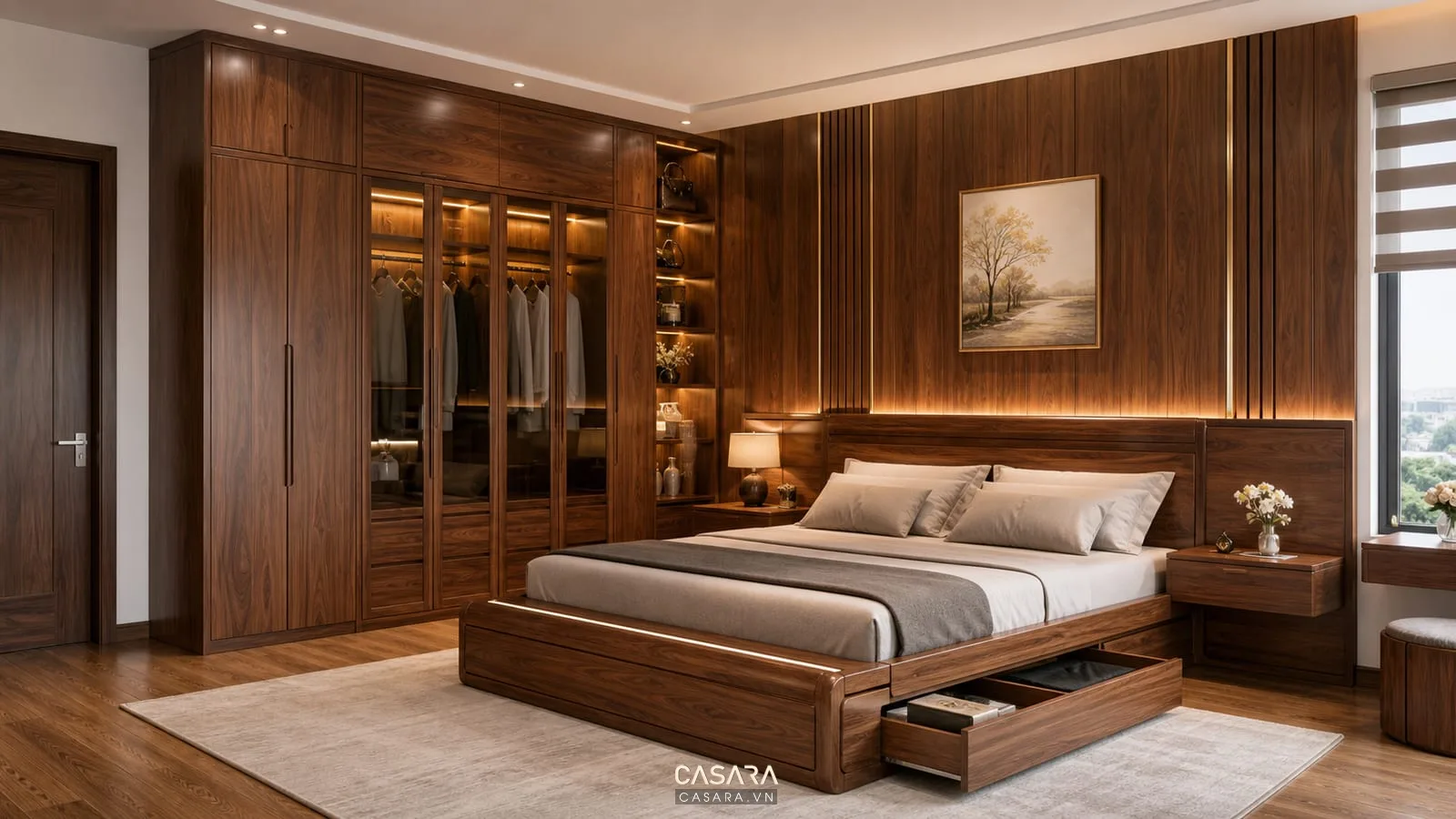 giường thông minh gỗ may đo đồng bộ với tủ áo và vách đầu giường
