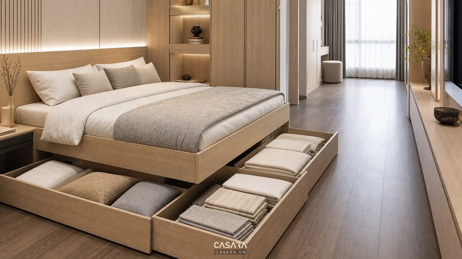 Hộc kéo dưới giường thông minh gỗ An Cường chứa chăn gối gọn gàng