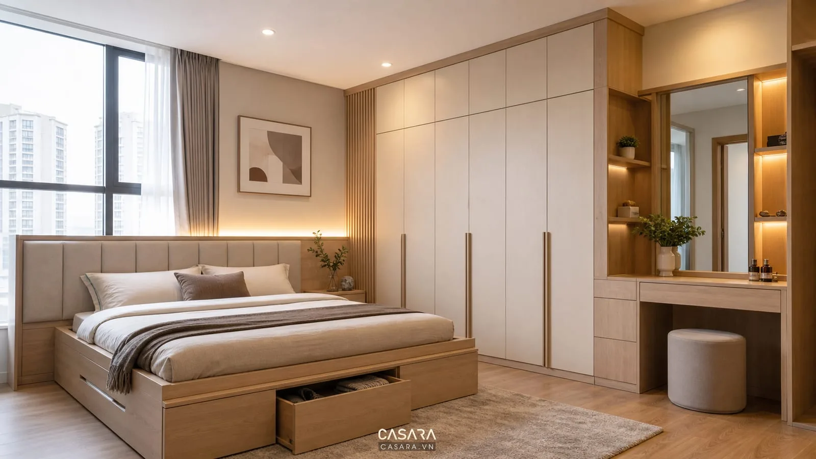 Giường thông minh gỗ An Cường phối tủ áo và bàn trang điểm trong phòng ngủ căn hộ