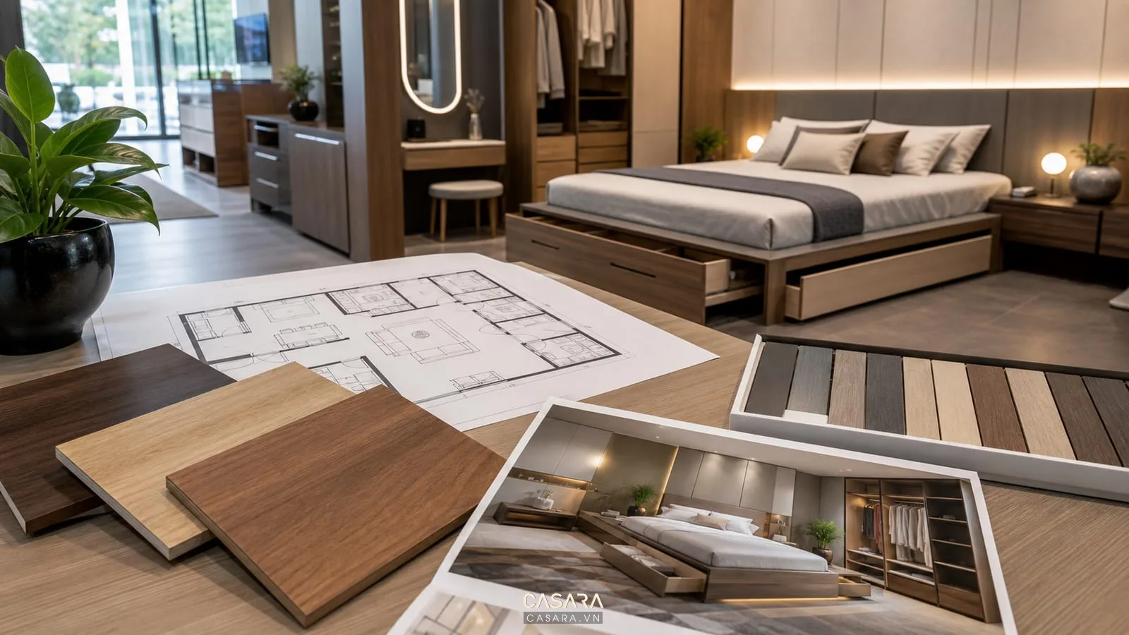 Tư vấn giường thông minh gỗ An Cường với mẫu vật liệu và bản vẽ phòng ngủ