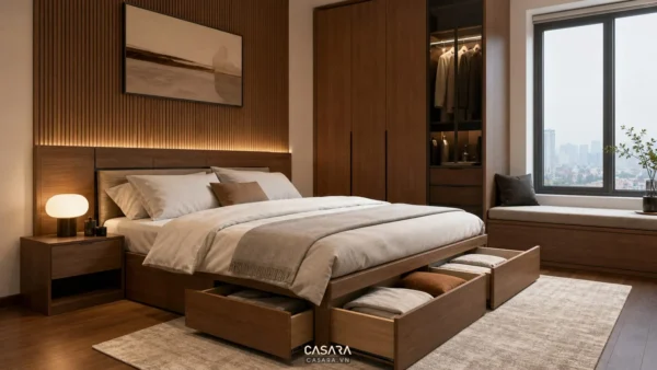 Giường thông minh trong phòng ngủ căn hộ Hà Nội với hộc chứa và nội thất gỗ