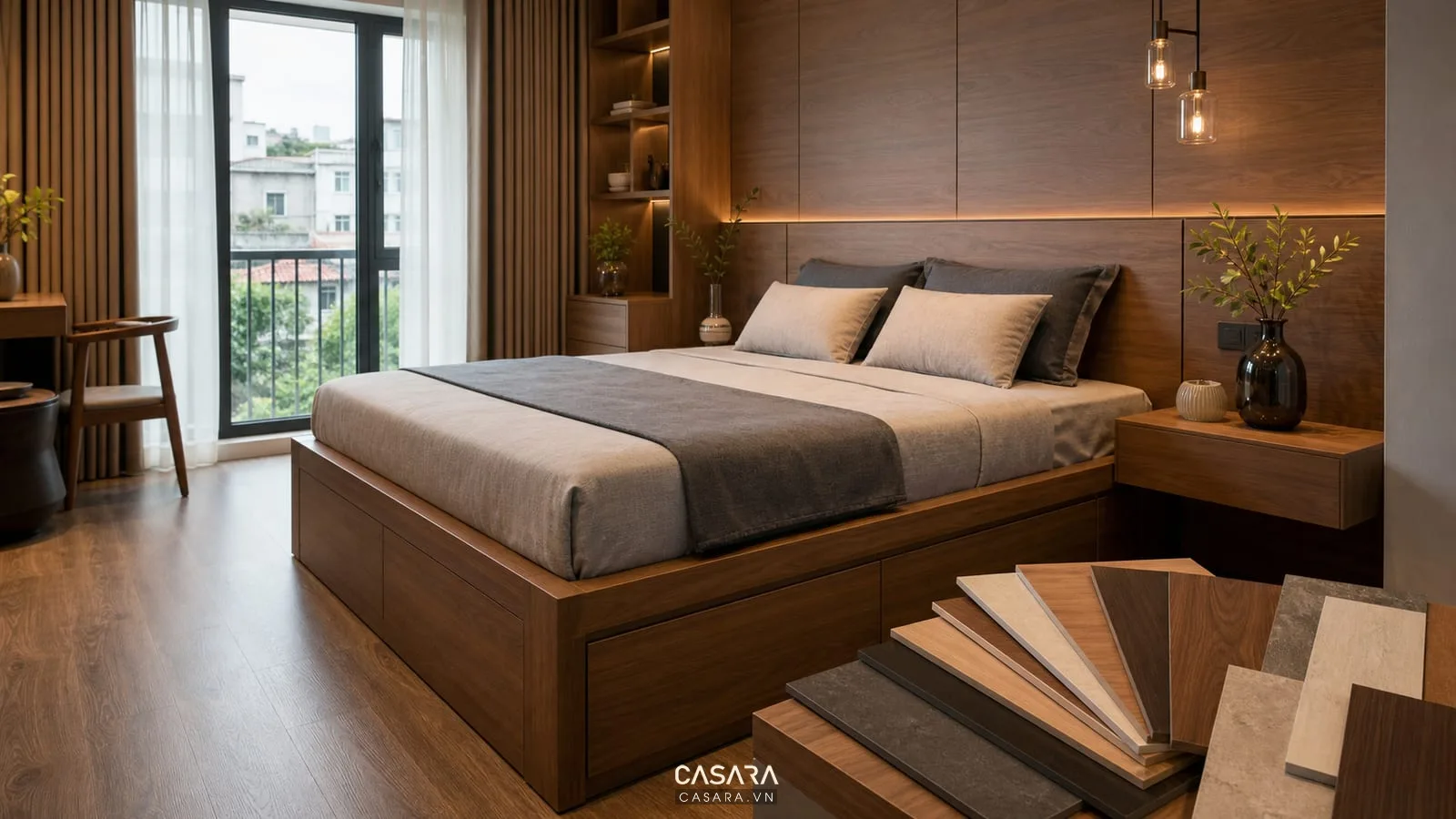 Vật liệu gỗ và laminate bên cạnh giường thông minh trong phòng ngủ đồng bộ