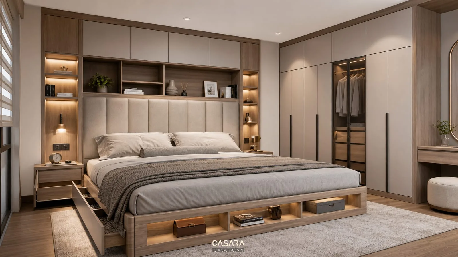 Giường thông minh thiết kế riêng với đầu giường, ổ cắm, đèn đọc sách và tủ áo đồng bộ
