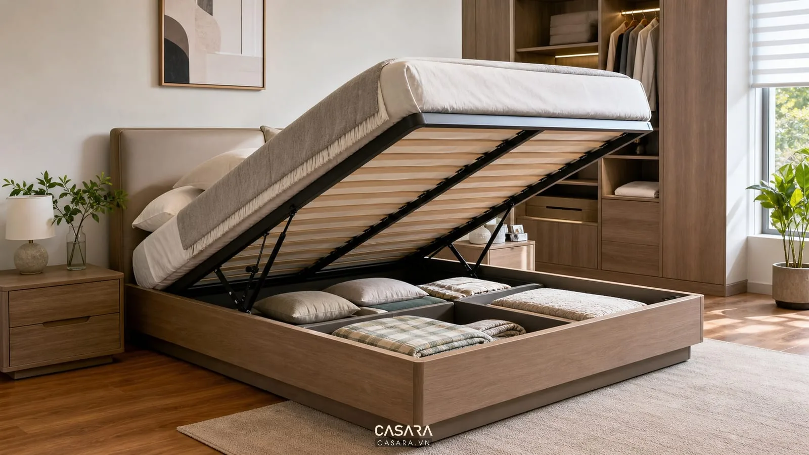 giường thông minh tự động mở khoang chứa dưới nệm trong phòng ngủ hiện đại