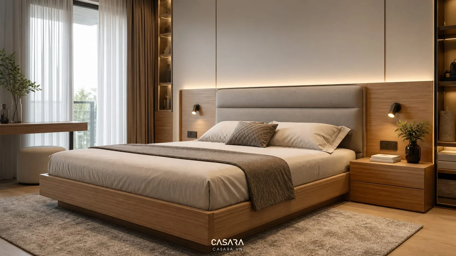 giường thông minh hiện đại có đèn đọc sách ổ cắm âm và bề mặt gỗ sáng