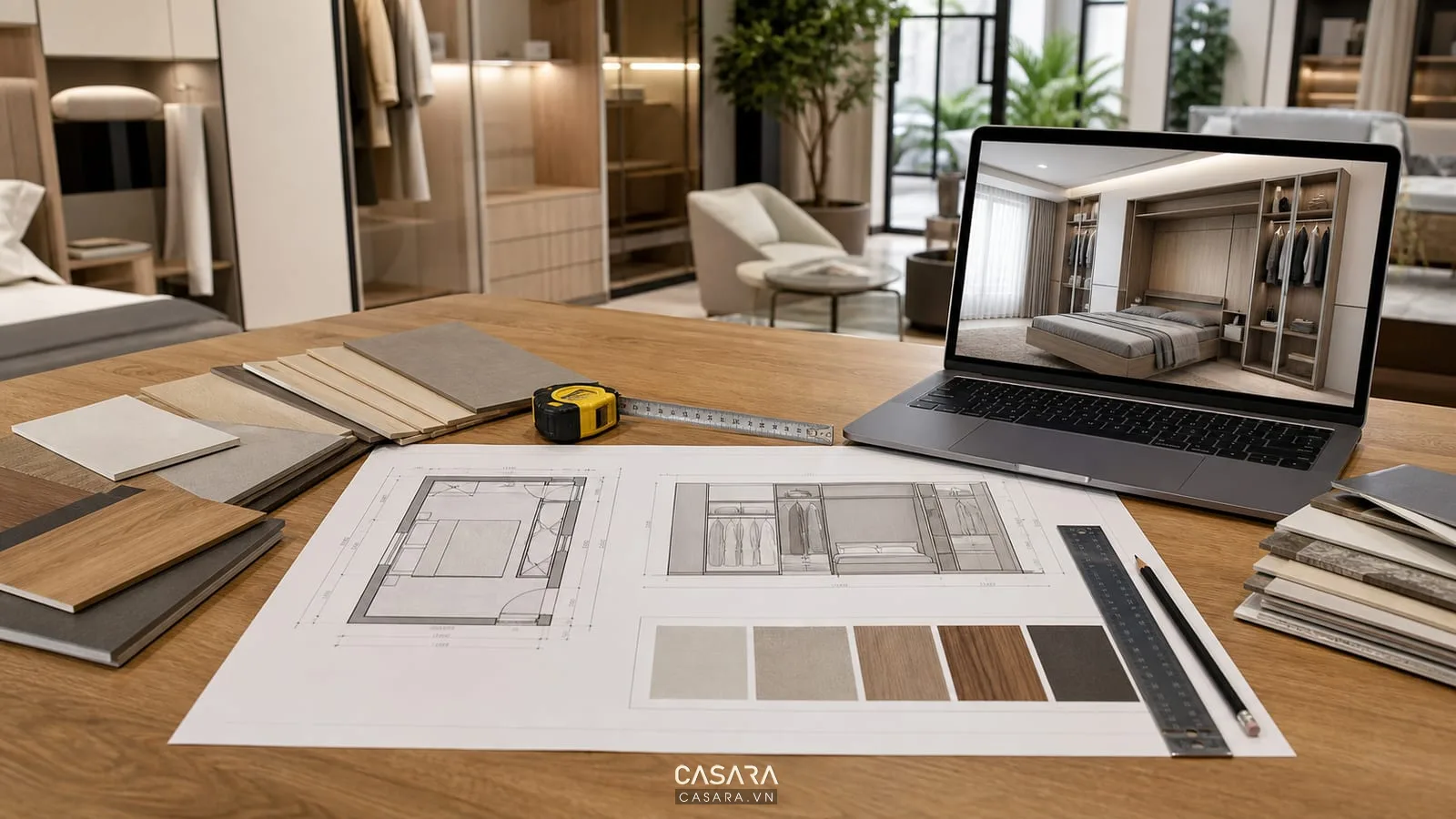 Bản vẽ thiết kế giường thông minh kèm tủ quần áo với mặt bằng phòng ngủ, mẫu gỗ, bảng màu và phối cảnh trên laptop.