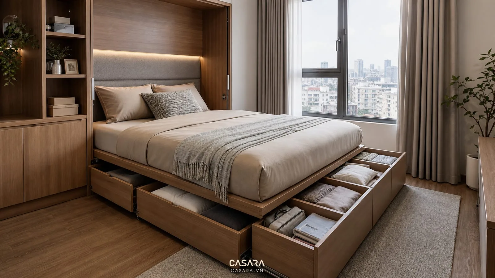 Ngăn kéo dưới giường thông minh chứa chăn ga và đồ phòng ngủ gọn gàng