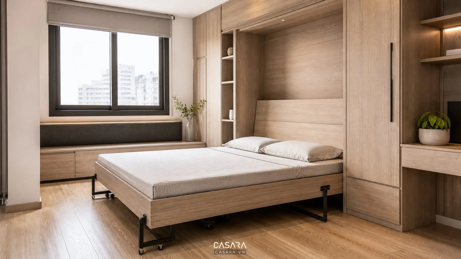 Giường thông minh gỗ An Cường màu vân gỗ sáng trong phòng ngủ hiện đại