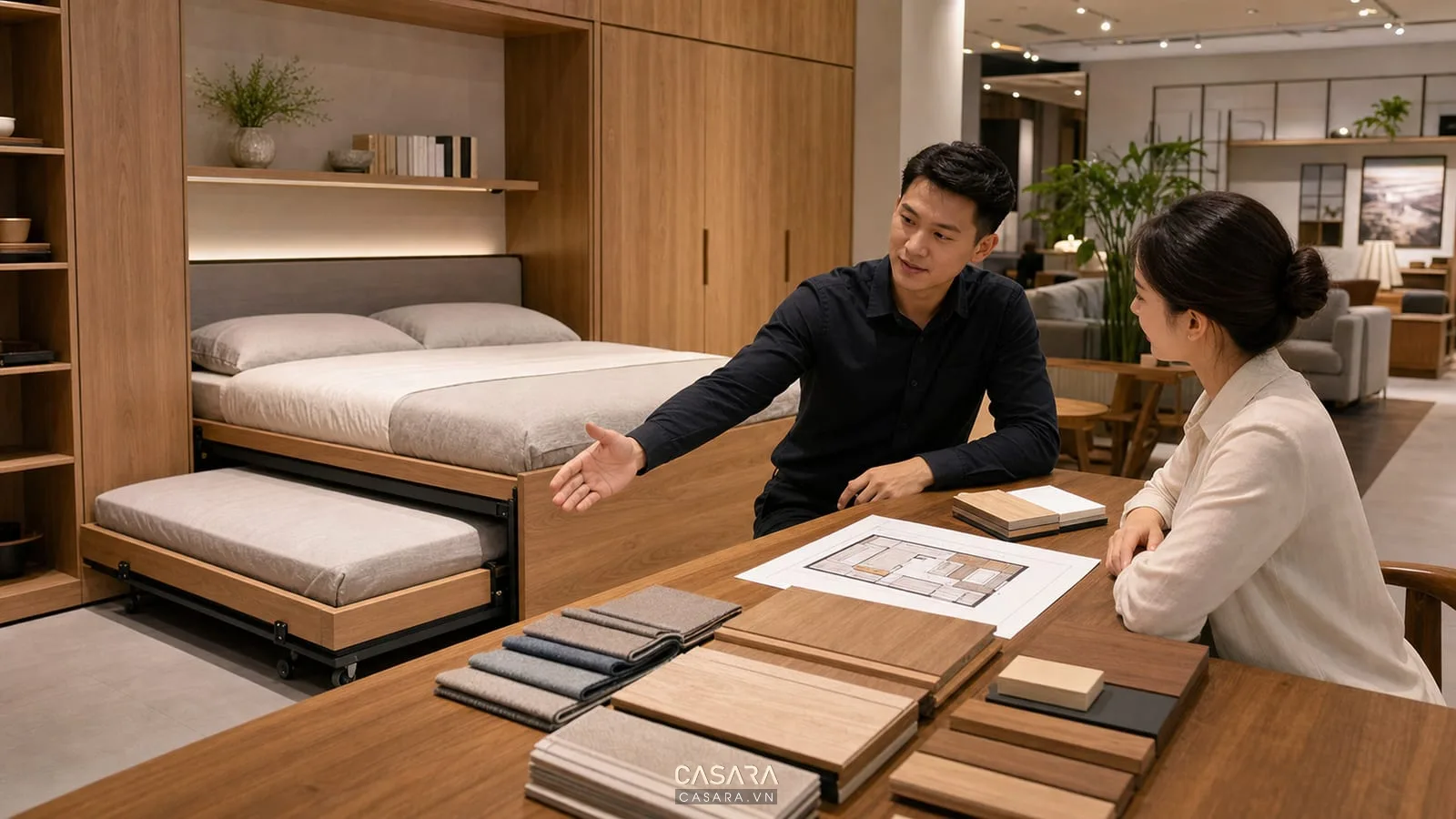 Khách hàng tư vấn giường thông minh kéo ra kéo vào với mẫu vật liệu và bản vẽ phòng ngủ