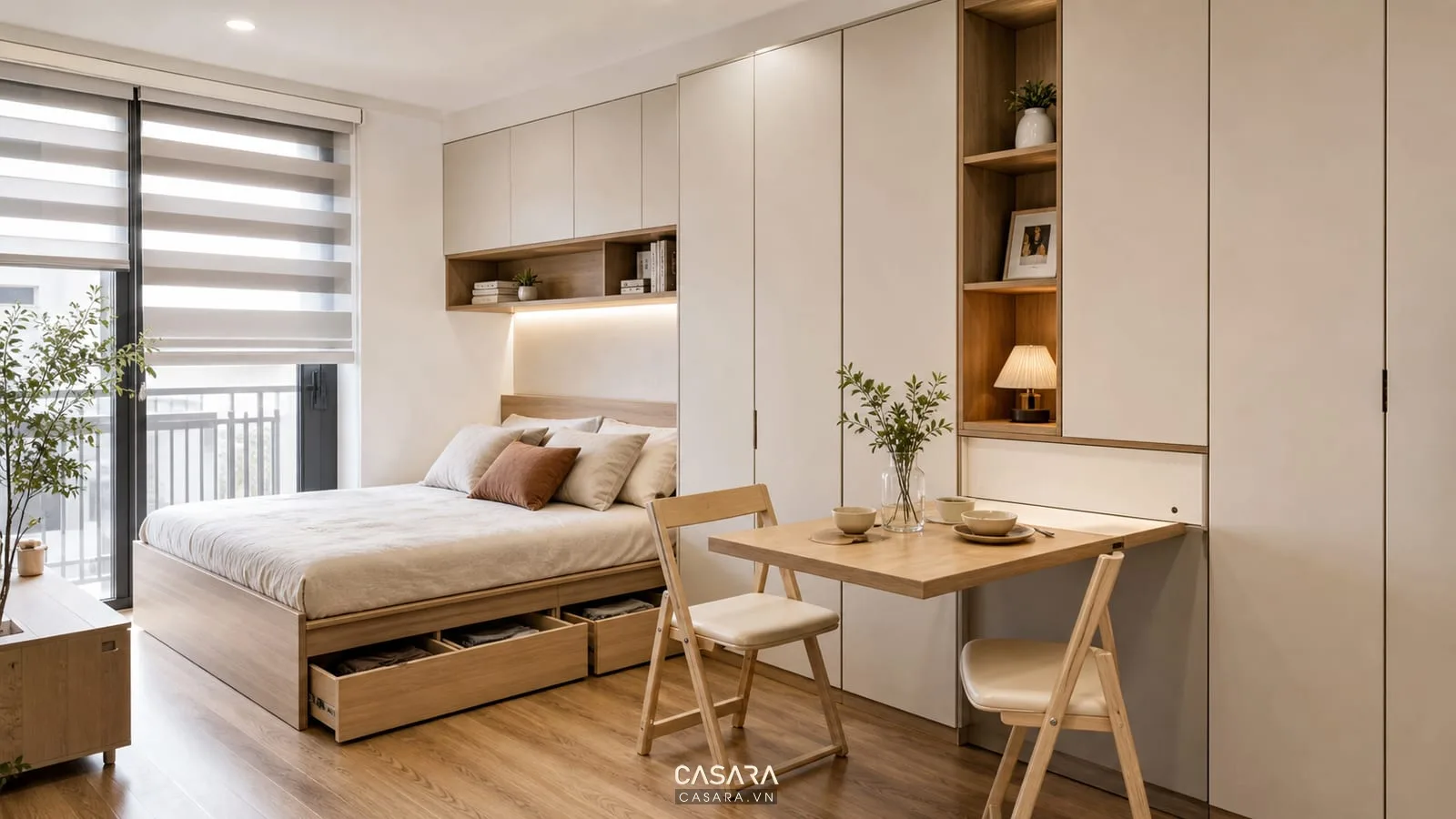 Giường thông minh kết hợp tủ quần áo và bàn ăn gấp trong phòng ngủ nhỏ