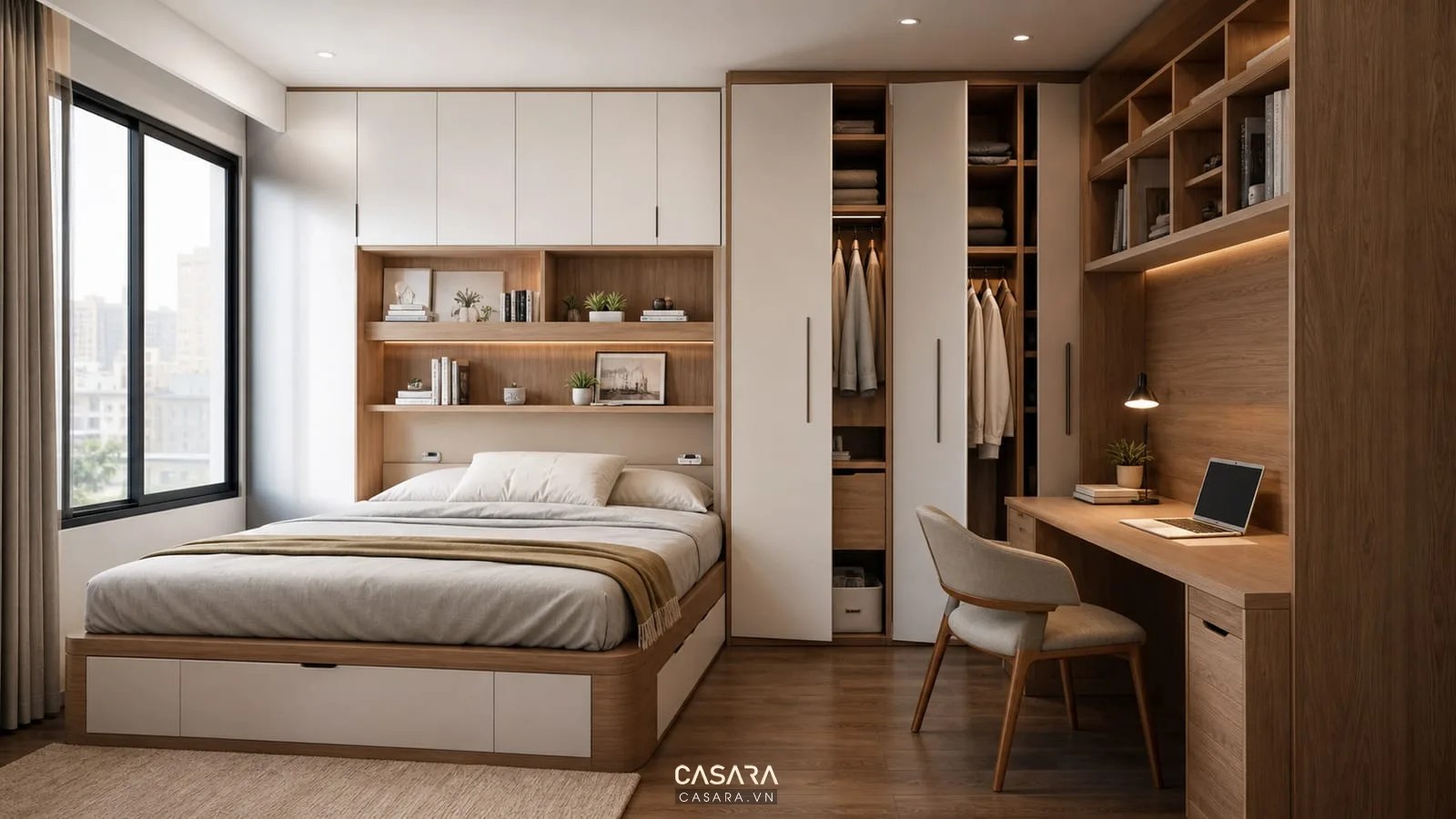 giường thông minh kết hợp tủ quần áo và bàn làm việc trong phòng nhỏ