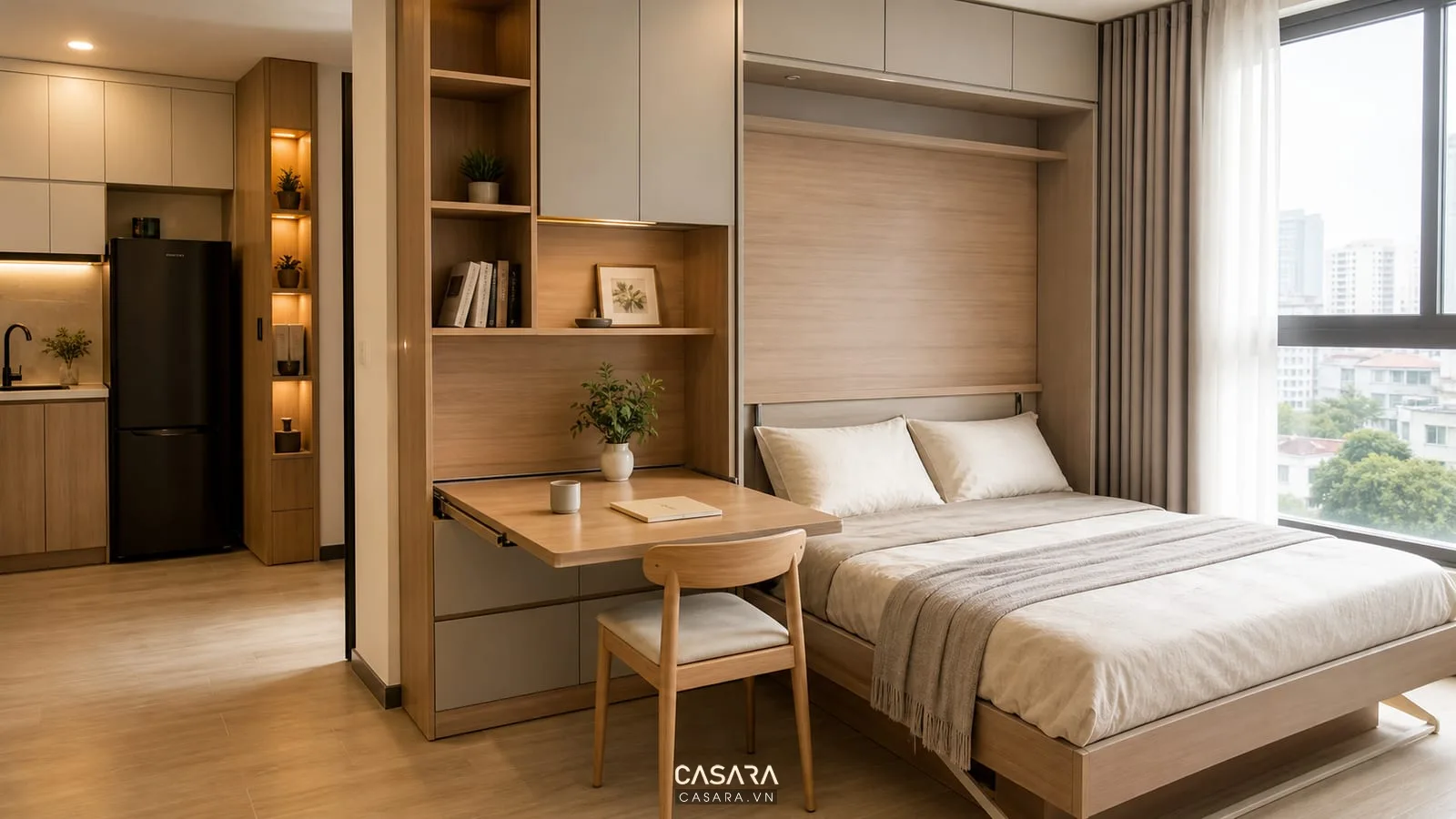 giường thông minh kết hợp bàn ăn trong căn hộ studio gọn gàng