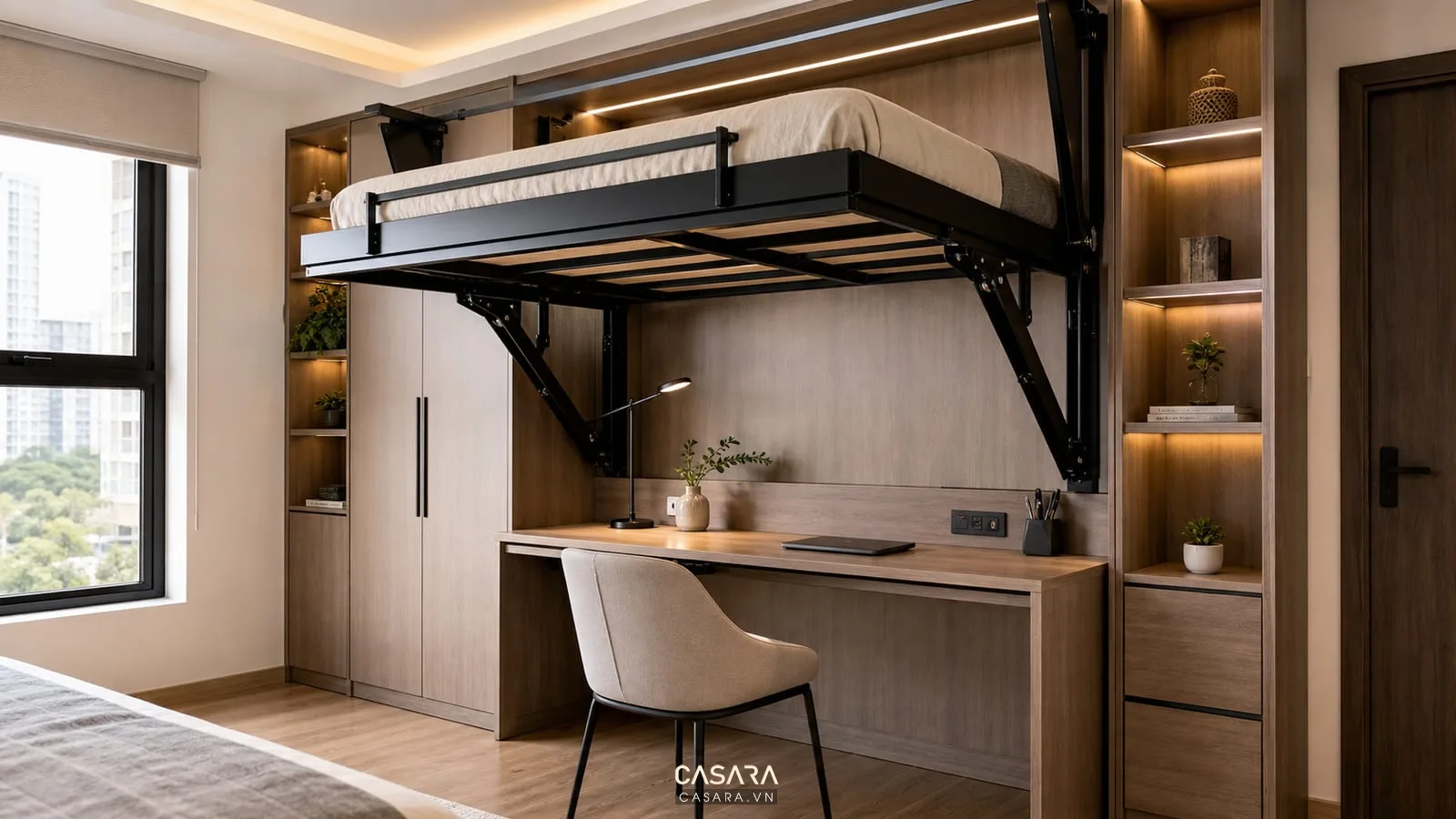 chi tiết cơ cấu giường thông minh kết hợp bàn làm việc với ray trượt và ổ cắm