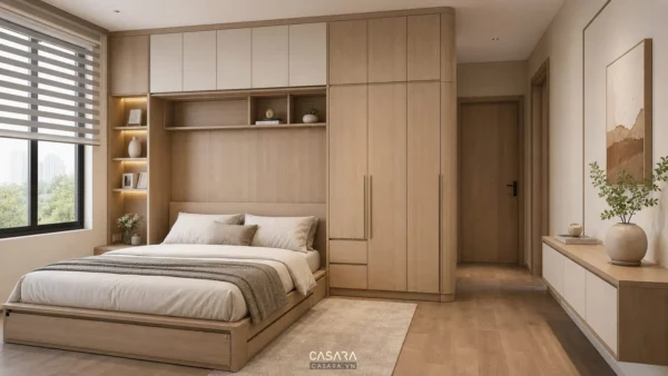 Phòng ngủ căn hộ với giường liền hệ tủ quần áo và kệ đầu giường