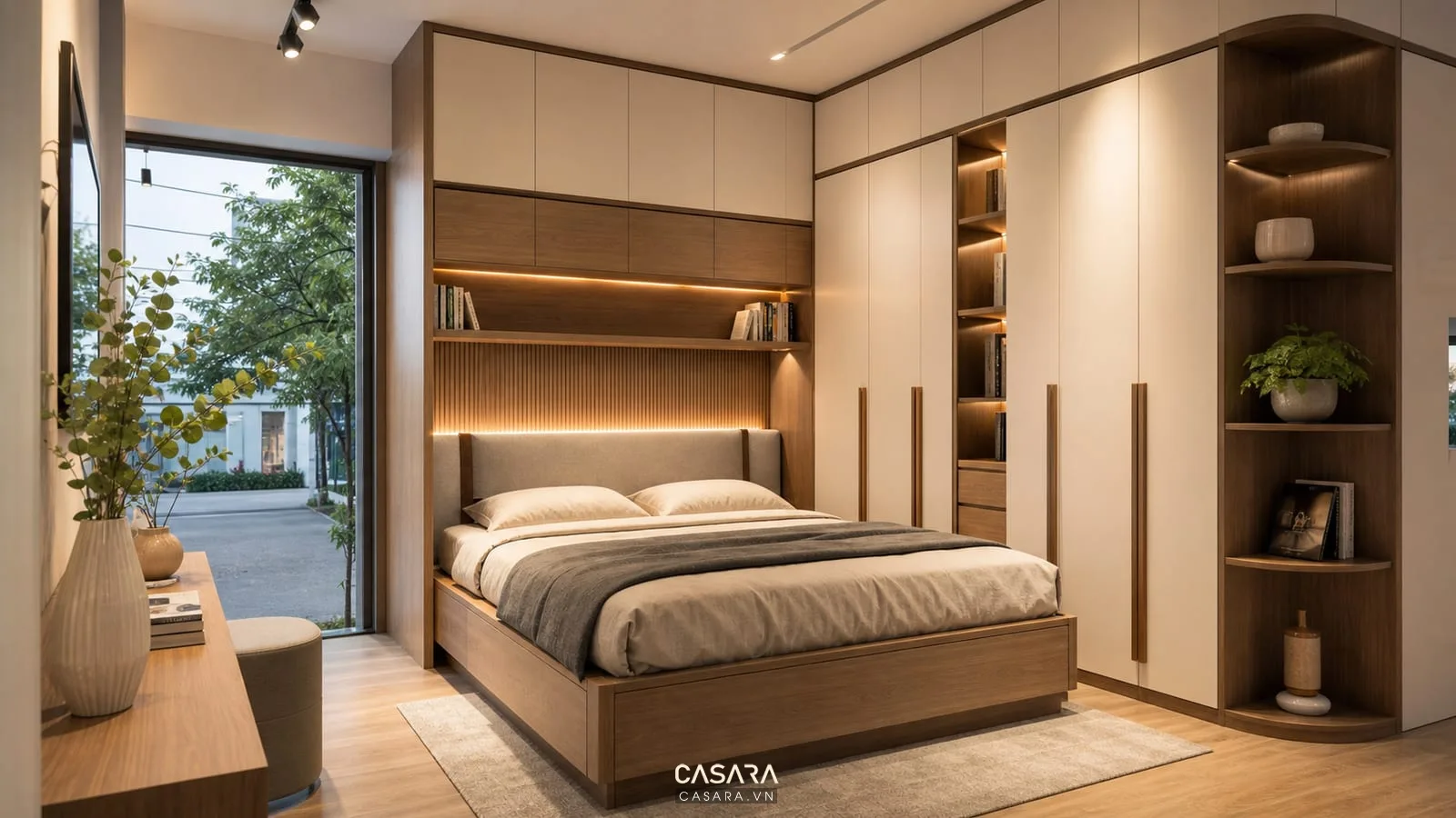 đầu giường ốp gỗ trong hệ giường thông minh kết hợp tủ quần áo