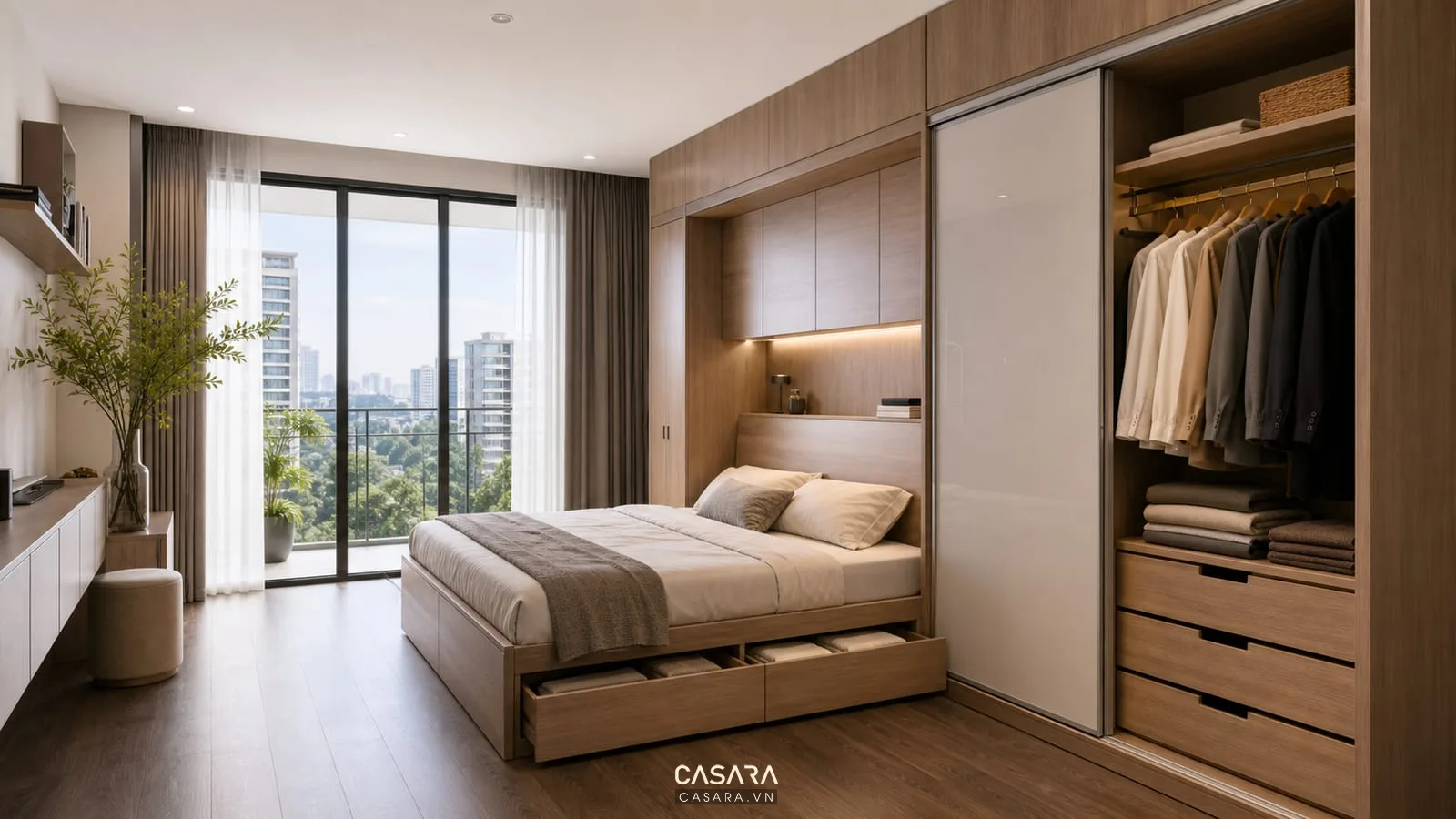 Giường tủ quần áo thông minh có tủ cánh lùa và ngăn kéo dưới giường