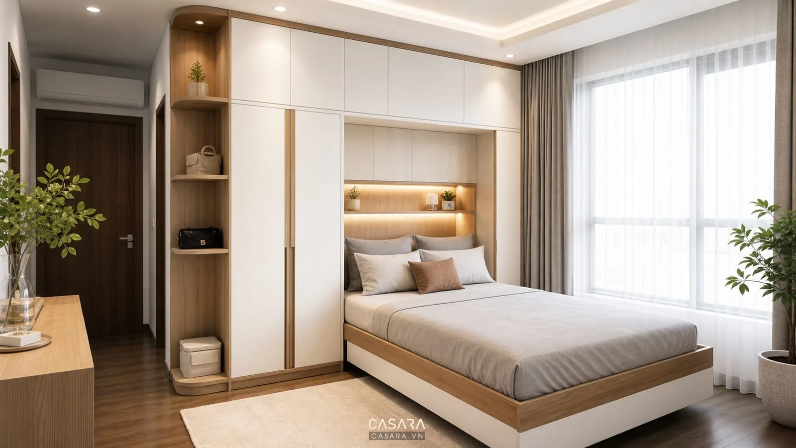 Giường thông minh liền tủ màu trắng ấm và gỗ sáng với đèn hắt đầu giường