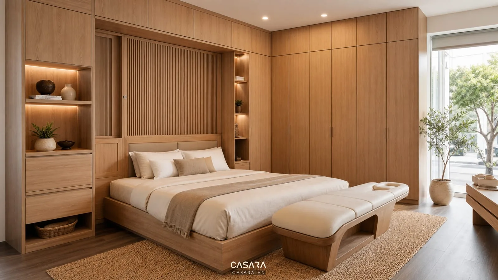 Tủ giường thông minh kết hợp giường massage trong phòng ngủ màu gỗ sáng