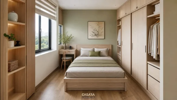 Phòng ngủ nhỏ có giường thông minh mini và lối đi gọn gàng