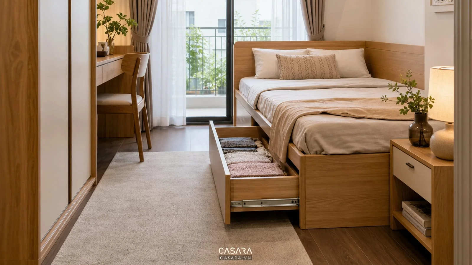 Giường thông minh mini có ngăn kéo mở về lối đi chính