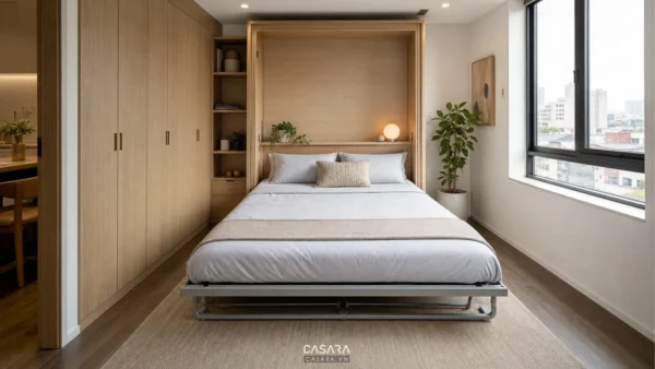 Phòng ngủ nhỏ với giường thông minh mở rộng và lối đi thông thoáng