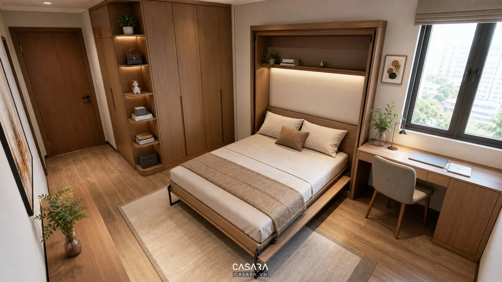 Bố cục phòng ngủ nhỏ với giường thông minh mở rộng và bàn làm việc cạnh cửa sổ