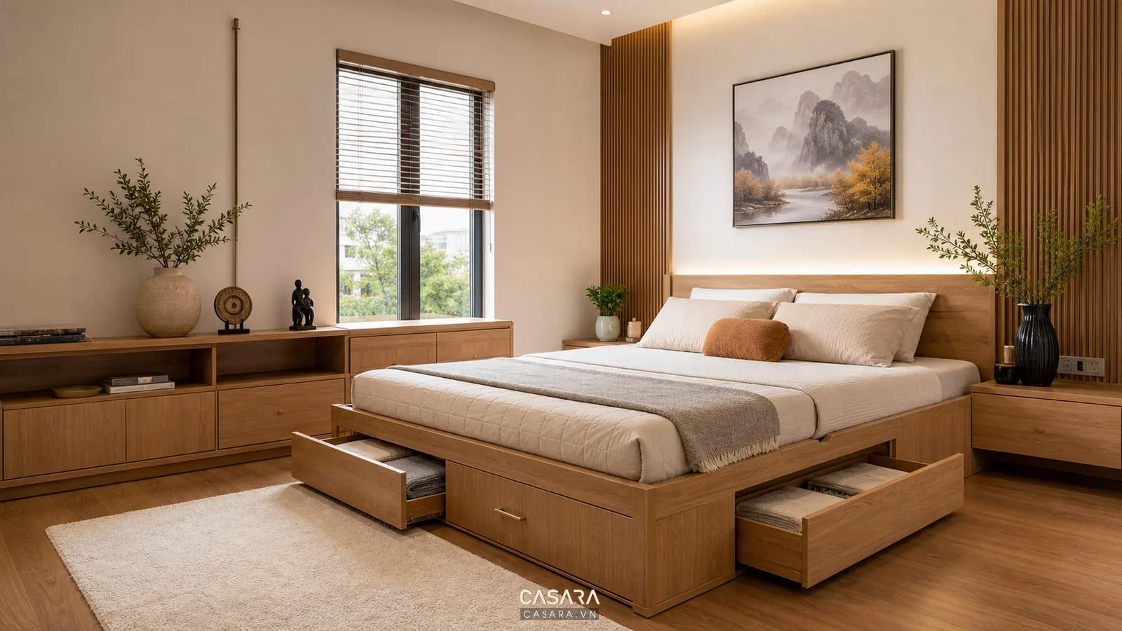 Giường thông minh mở rộng có ngăn kéo dưới gầm trong phòng ngủ hiện đại