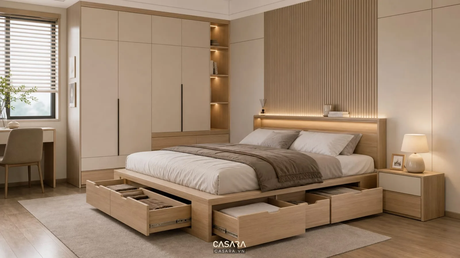 Giường thông minh ngăn kéo kết hợp tủ áo và tab đầu giường trong phòng ngủ
