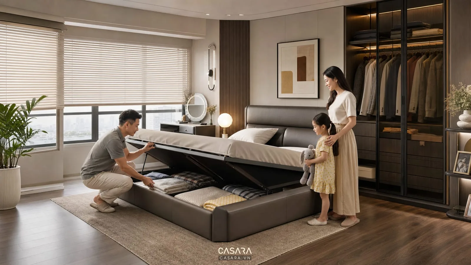 Gia đình sử dụng giường thông minh nhập khẩu có hộc chứa chăn ga