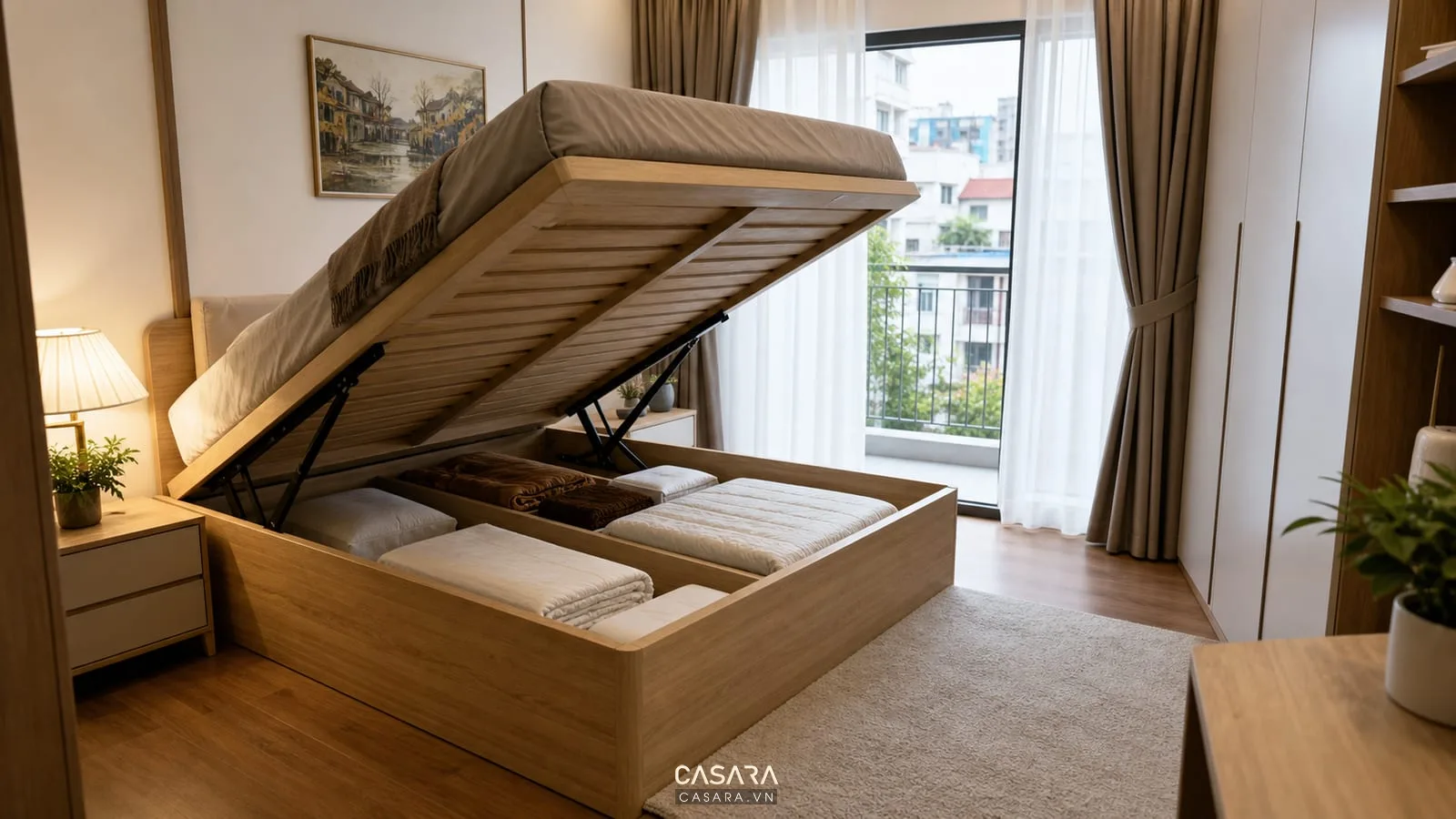 Giường ngủ thông minh dạng nâng nệm với khoang chứa chăn ga rộng, khung gỗ sáng màu và phòng ngủ căn hộ trung tính.