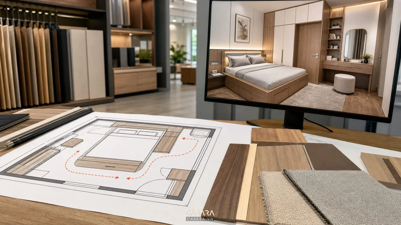 Bản vẽ thiết kế phòng ngủ căn hộ có giường thông minh, tủ áo kịch trần, bàn trang điểm, mẫu vật liệu và sơ đồ lối đi.