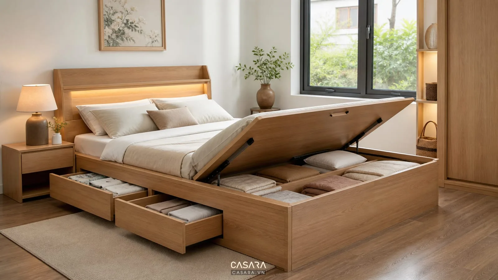 giường thông minh có hộc kéo chứa đồ trong phòng ngủ nhỏ màu gỗ sáng