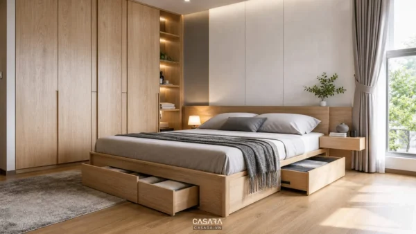 Giường ngủ gỗ có ngăn kéo lưu trữ trong phòng ngủ sáng màu