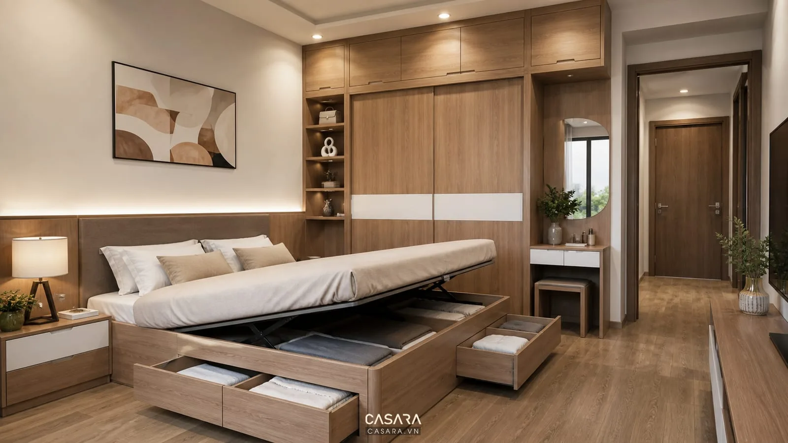 Tủ liền giường thông minh đồng bộ với tủ áo phòng ngủ